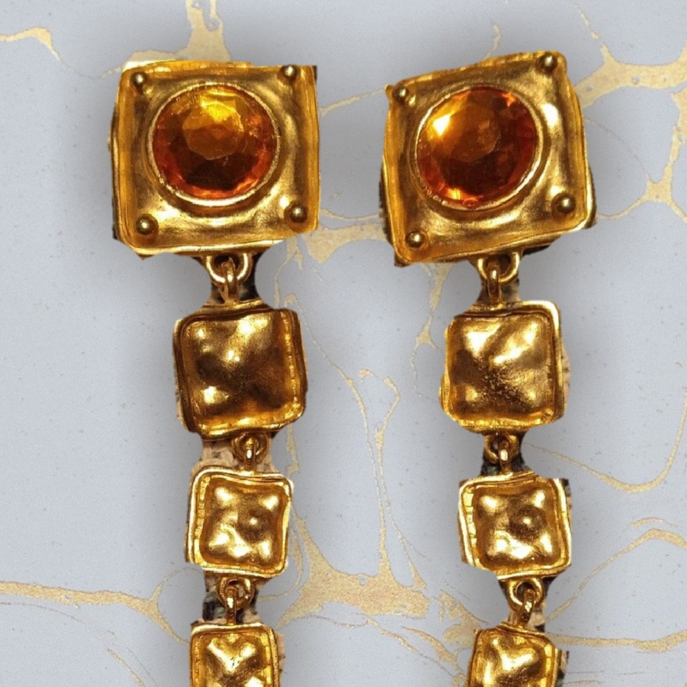 ☀ Gold tone faux amber orange stone clip ons☀